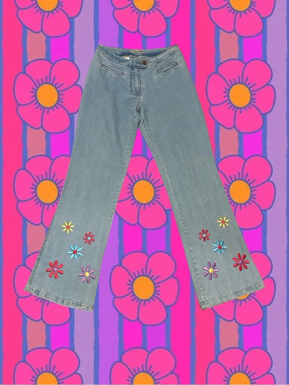 Vintage Light Blue Flared Leg Jeans With Floral Embroidery